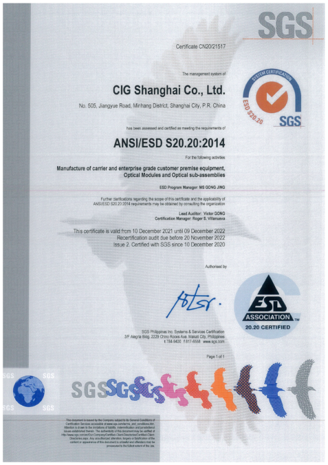 ANSI/ESD S20.20:2014 CERTIFICATE