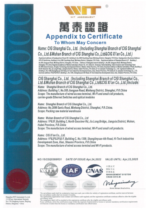 ISO9000 Appendix to Certificate